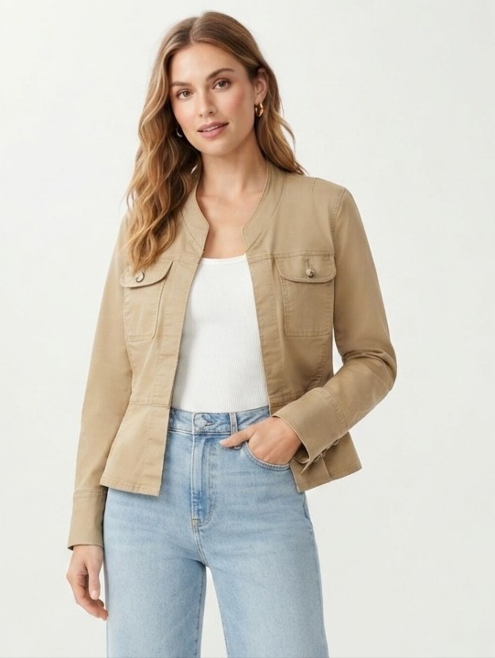 Cabi Khaki Cotton Utility Peplum Jacket Size Medium Y2k Inspired